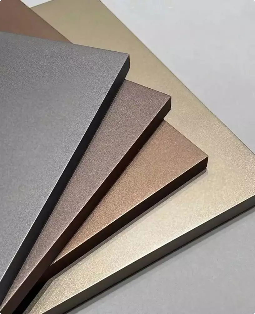 Photorealistic door renders showing metal finish samples in layered panels with matte textures