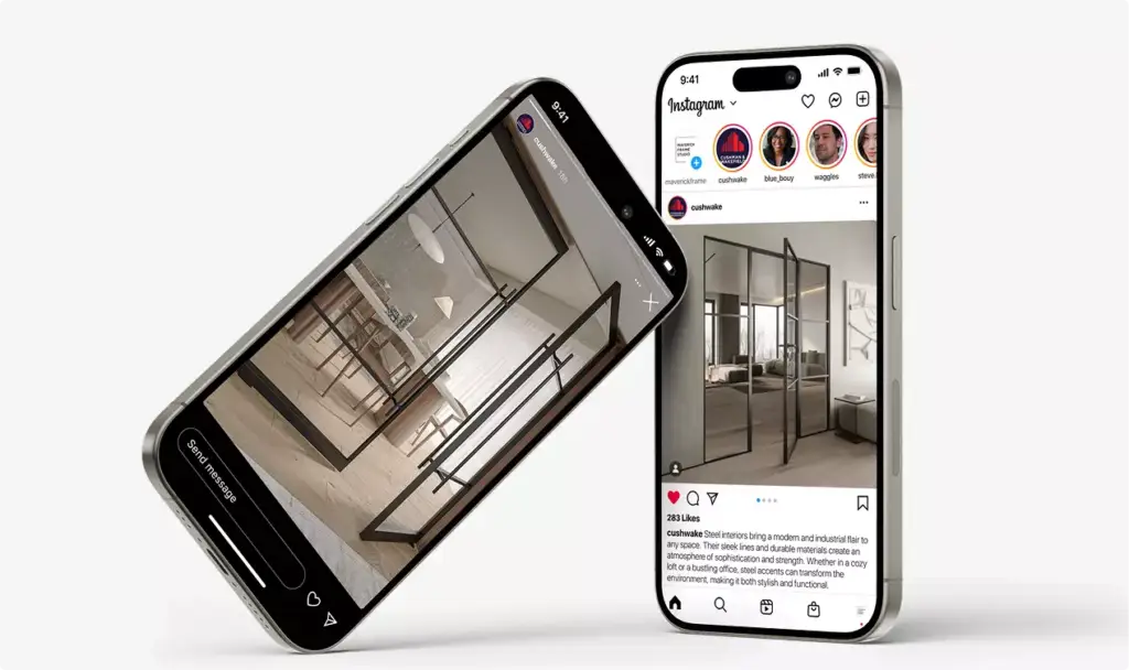 Renders de puertas de cristal en un feed social y en una vista de producto en dos smartphones