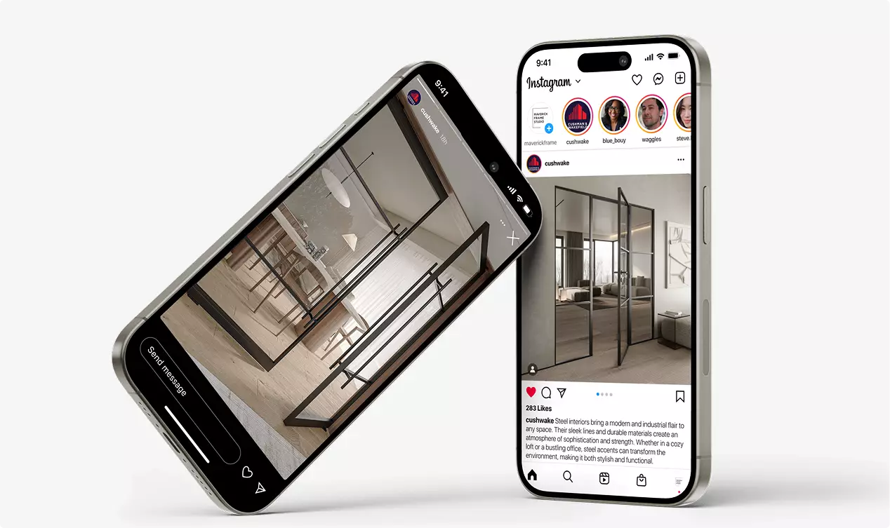 Photorealistic door renders displayed on smartphone screens showing glass door interiors