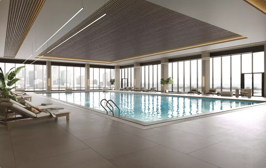Pool-Visualisierung, Portfolio: moderner Innenpool mit Loungebereich und Blick über die Skyline