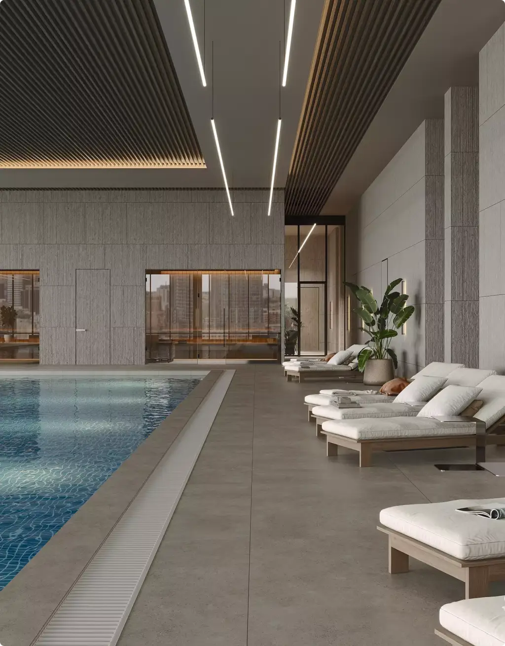 Pool-Visualisierung, Portfolio: Innenpool mit gepolsterten Liegen im Loungebereich