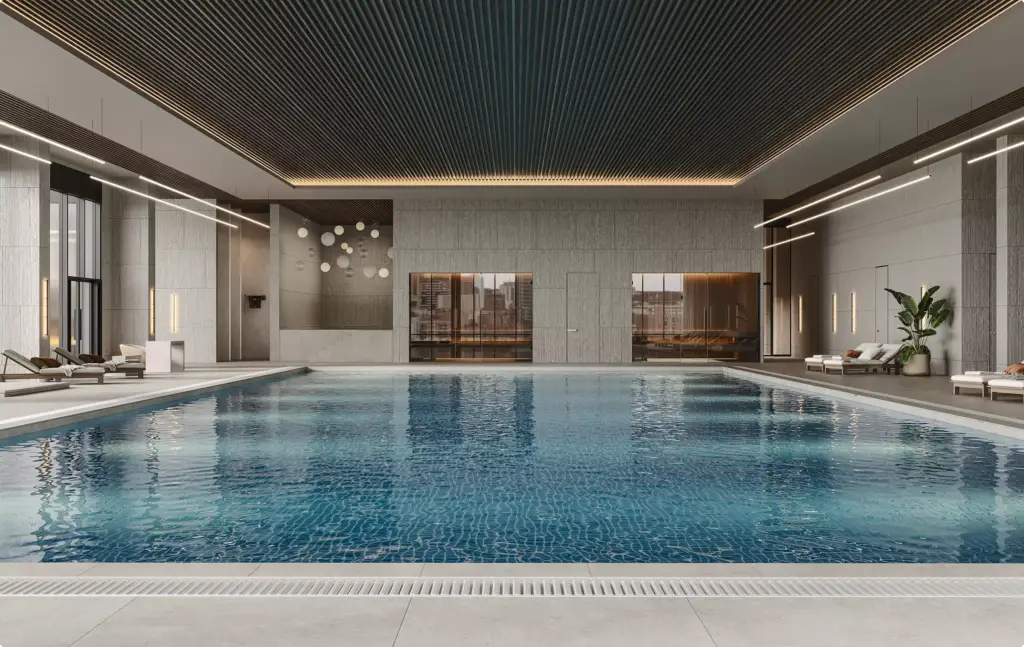 Pool-Visualisierung, Portfolio: hochwertiger Innenpool mit gefliestem Becken und Liegen
