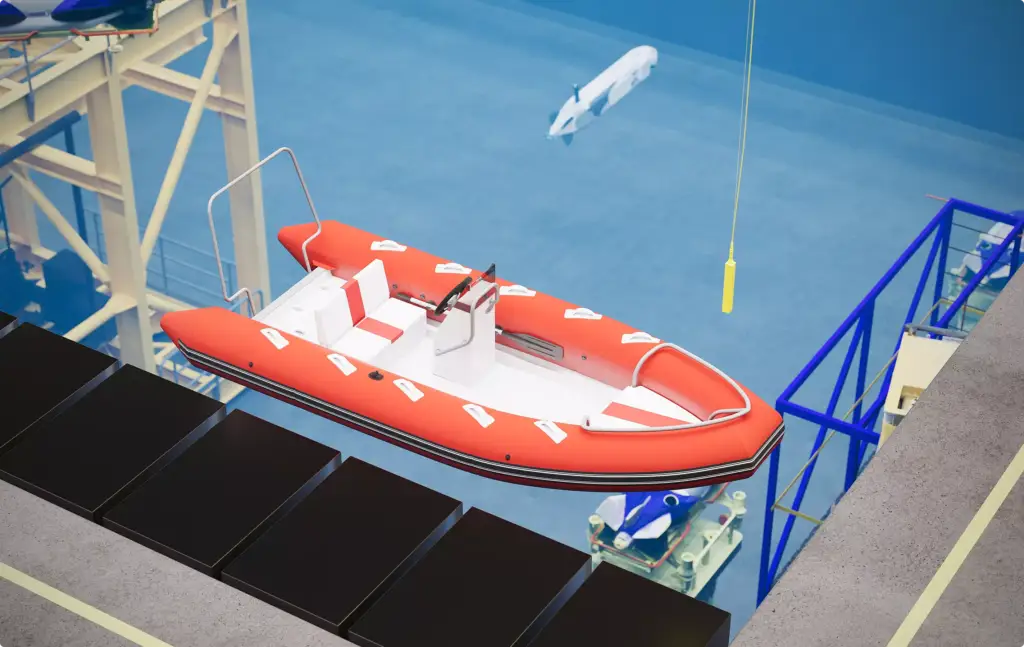 Pool-Visualisierung, Portfolio: orangefarbenes Rettungsboot über einem tiefen Unterwasser-Versuchsbecken