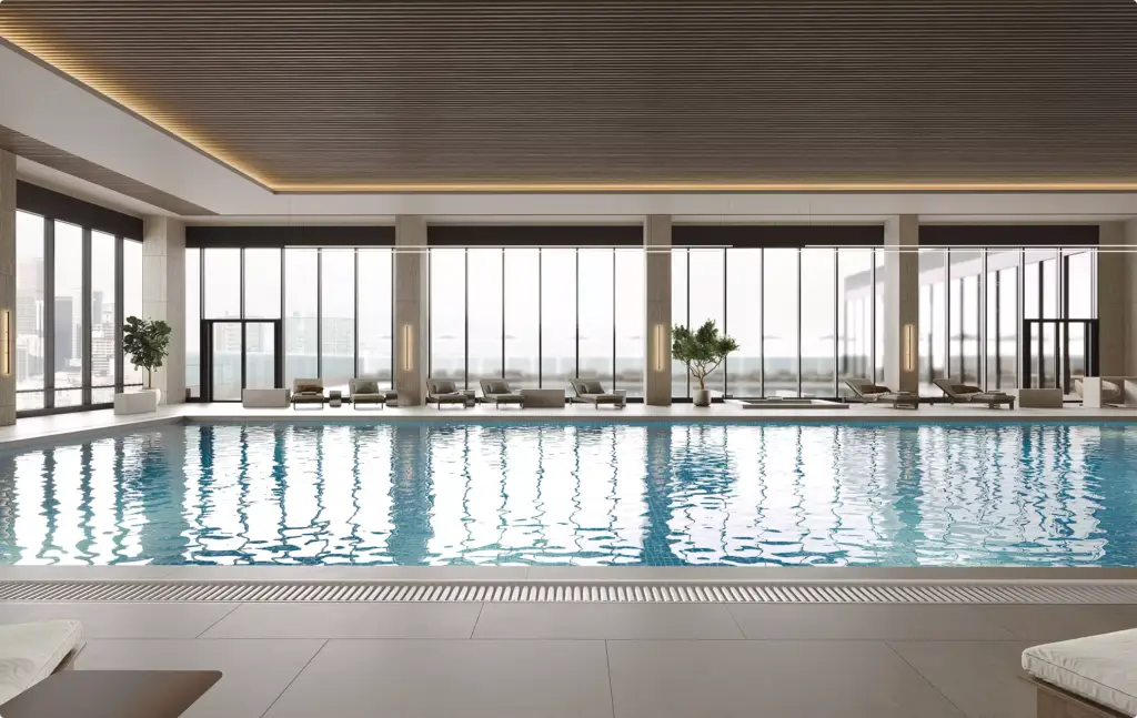 Pool-Visualisierung, Portfolio: Innenpool im Dachgeschoss mit bodentiefer Verglasung