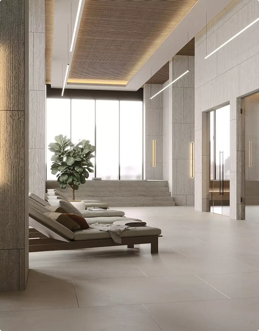 Pool-Visualisierung, Portfolio: moderne Spa-Lounge neben dem Innenpool