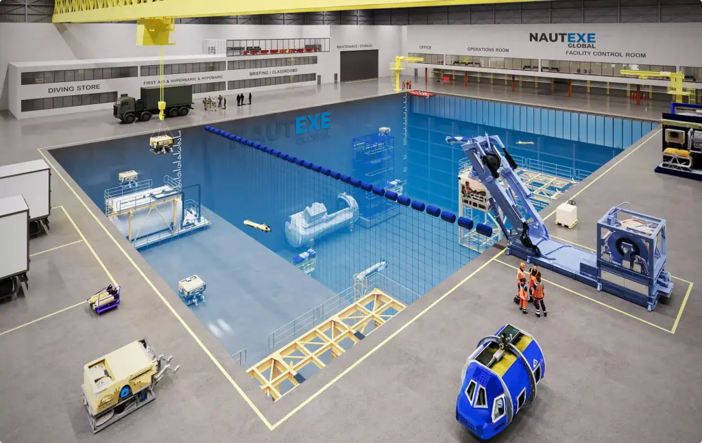 Pool-Visualisierung, Portfolio: großes Unterwasser-Versuchsbecken mit Kränen und Tauchbooten