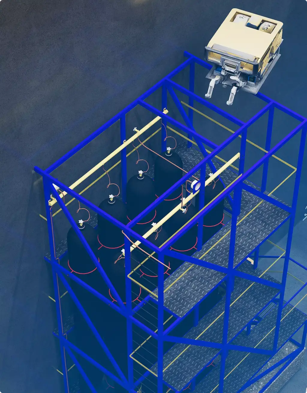Pool-Visualisierung, Portfolio: blaue Unterwasserplattform mit Tauchflaschen und Roboter