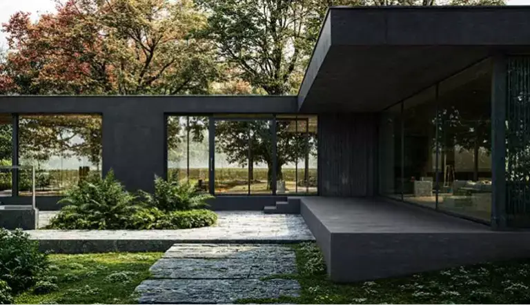 Courtyard of private house 3D rendering with glass facade, stone path and greenery