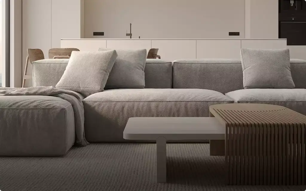 Beiges Sofa mit Tischen im Wohnzimmer, Interieur-Aufbau aus der 3D-Produktmodellierung