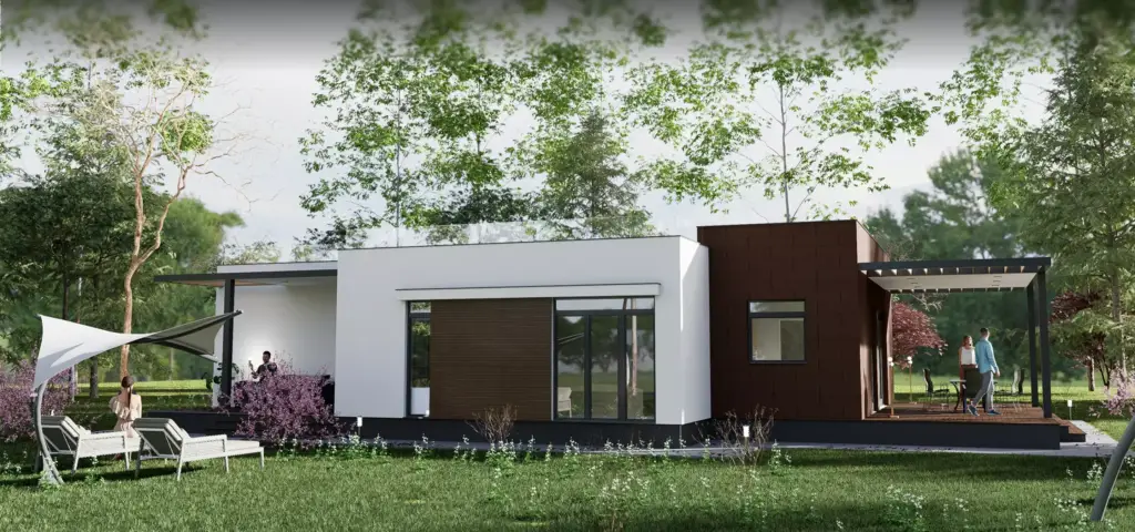 Modern single story house with patio and garden, real estate architectural rendering