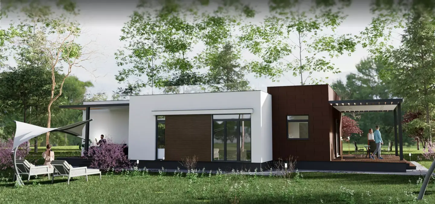 Modern single story house with patio and garden, real estate architectural rendering