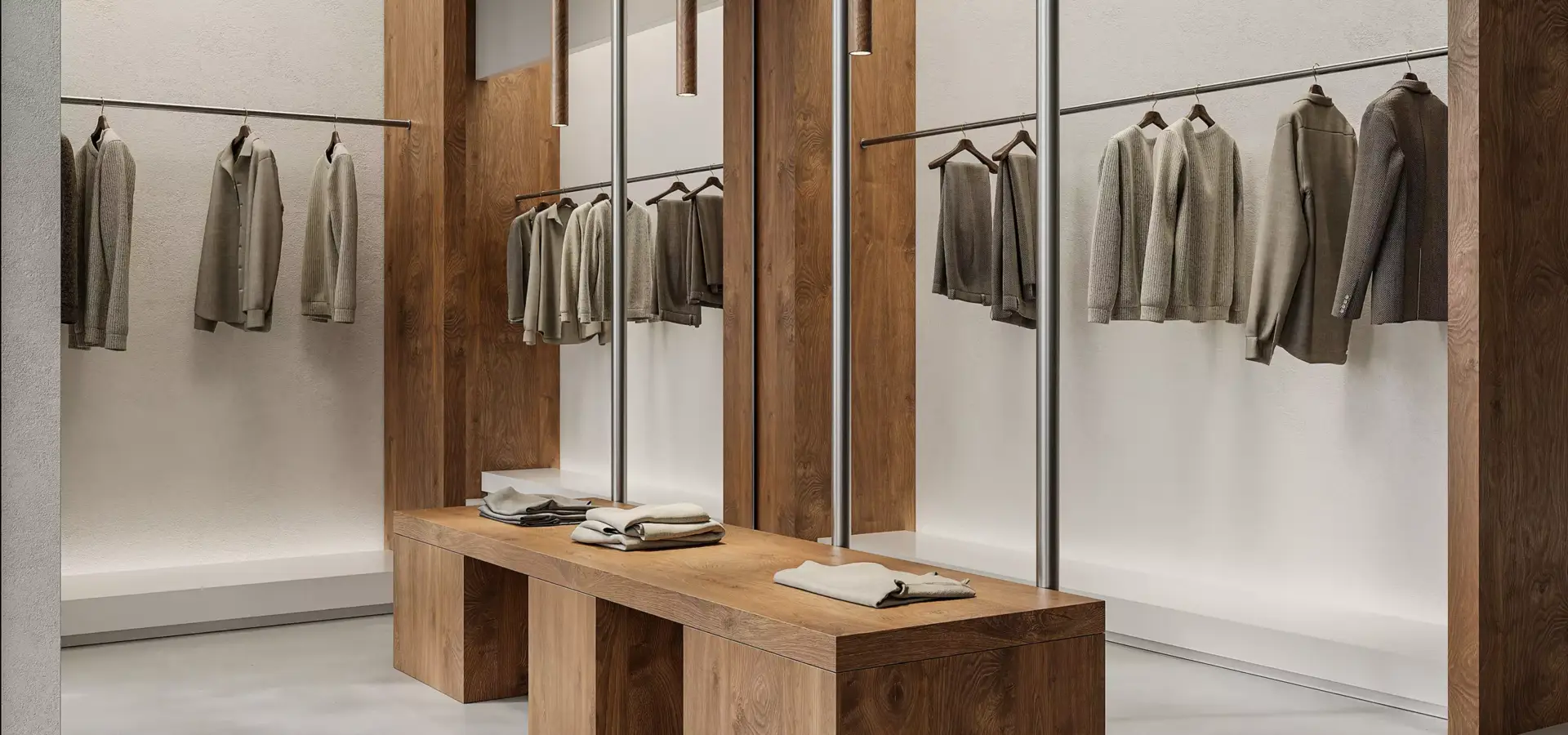 3D-visualisatie van winkelinrichting met houten displaytafel, hangende neutrale kleding en minimalistisch interieur