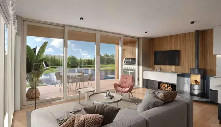 Retreat house design concept interior with sofa, fireplace, wood wall, and terrace view by the pool