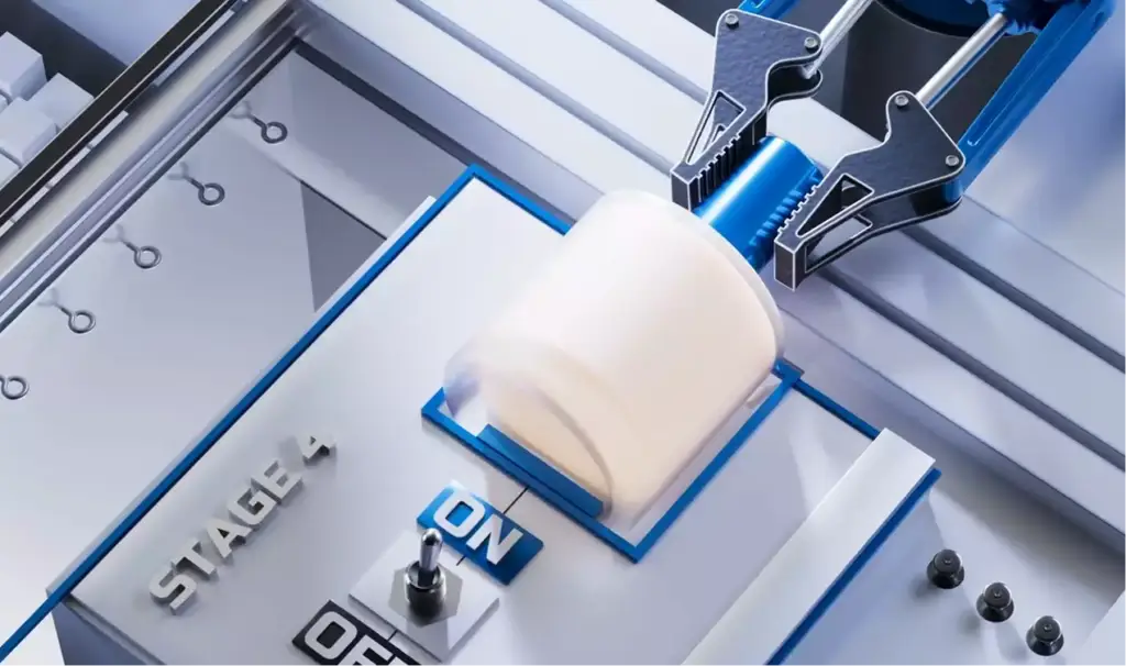 Robotic arm 3D rendering gripping cylinder on stage panel with on switch and clean industrial layout