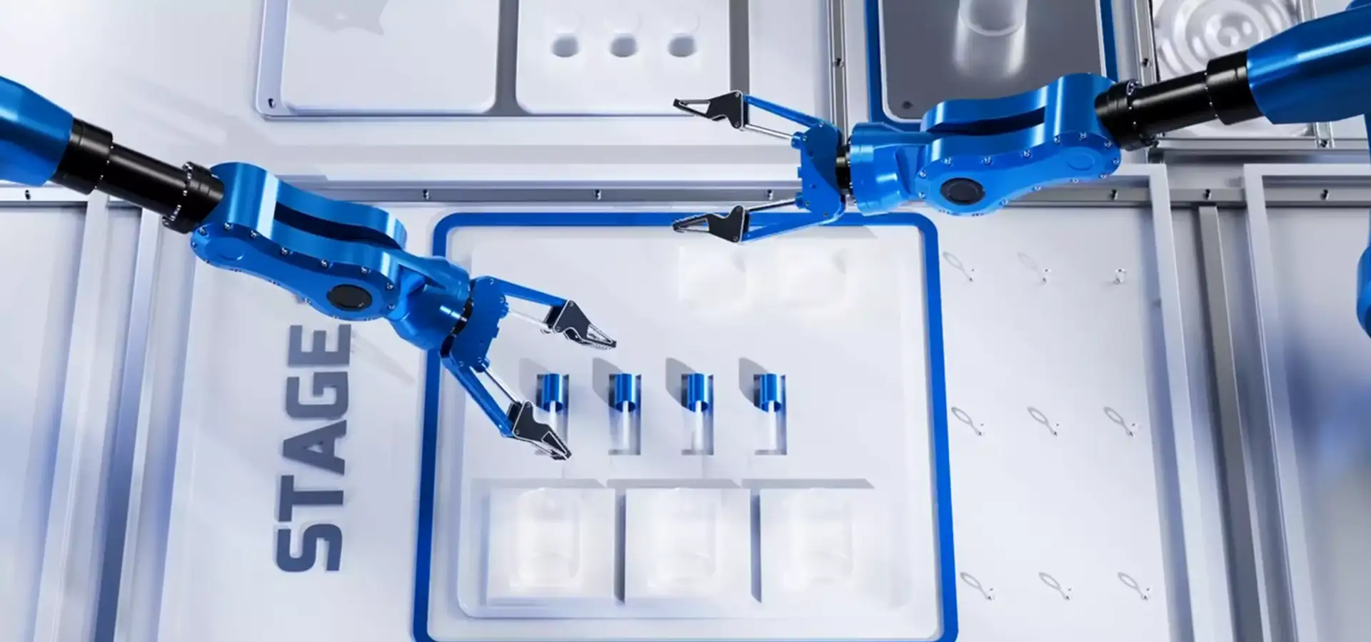 Robotic arm 3D rendering of two blue robots assembling parts on stage tray with organized components