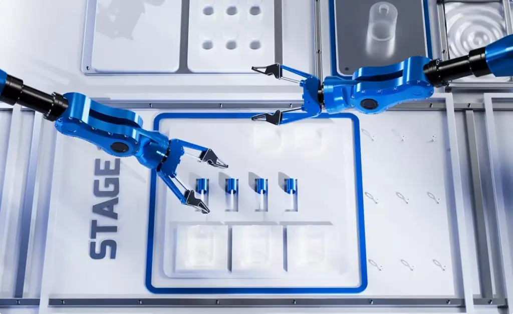 Robotic Arm 3D Rendering of automated blue robotic arms on a smart factory assembly line