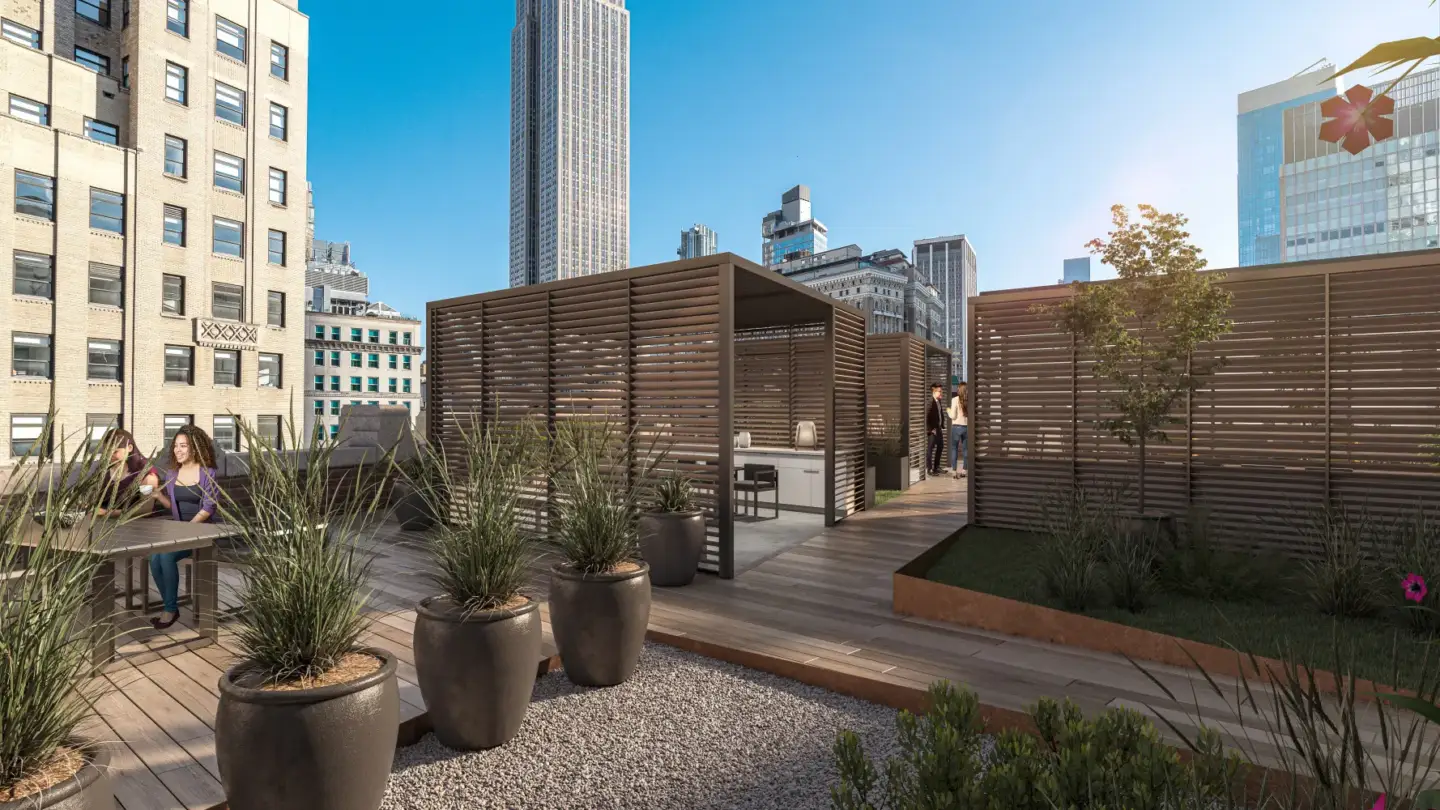 Best 3D Rendering Companies in the USA for Architectural Visualization & Real Estate in 2026 Rooftop terrace with seating, 3D rendering company USA, planters, deck and city buildings