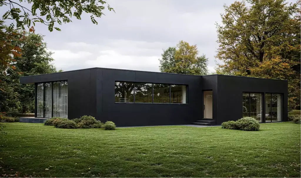 Corner view of single family home rendering with flat roof, large windows and green yard