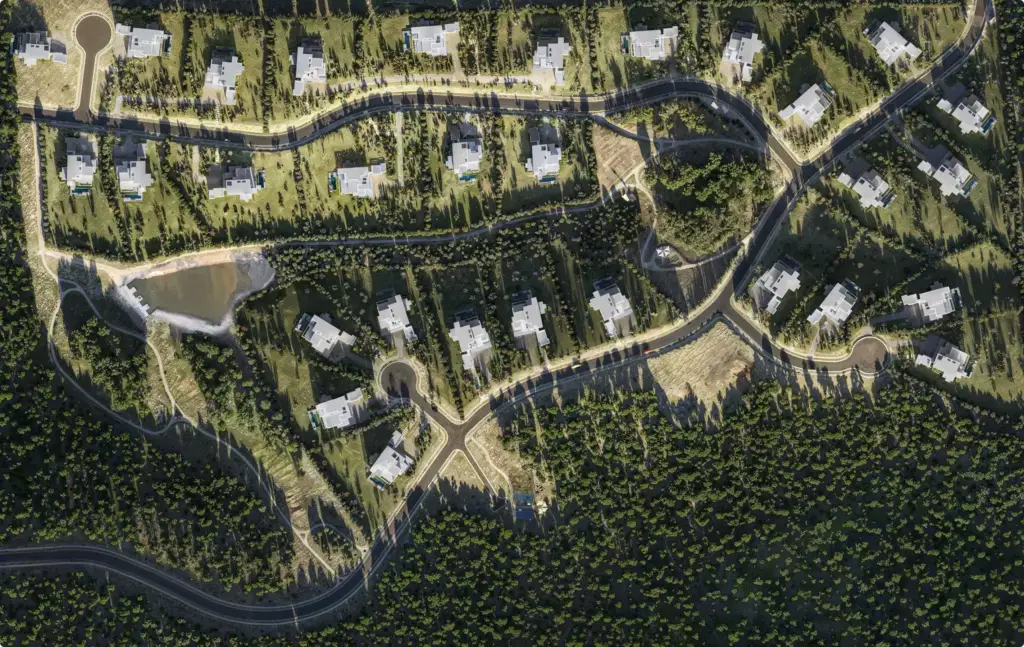 Luftbildvisualisierung: Draufsicht auf eine Wohnbebauung am Hang mit Straßen