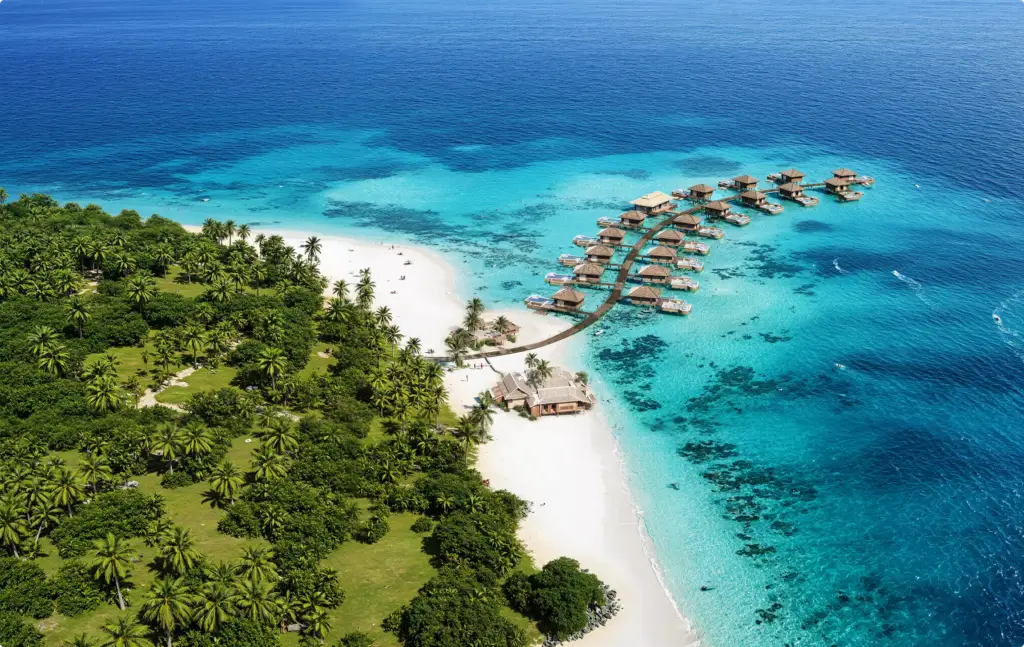 Luftbildvisualisierung: Inselresort mit Überwasserbungalows und blauer Lagune