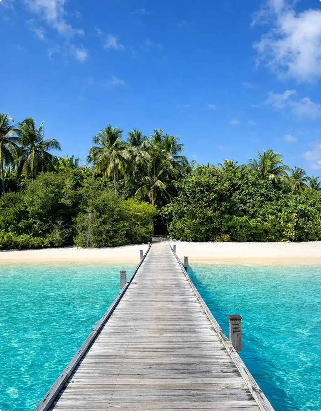 Luftbildvisualisierung: Holzsteg zu tropischem Strand mit Palmen