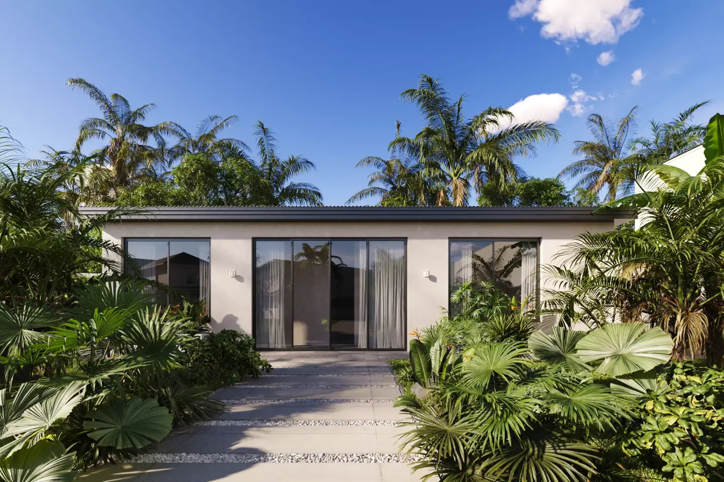 Best 3D Rendering Companies in the USA for Architectural Visualization & Real Estate in 2026 Single story home with palm garden, 3D rendering company USA, tropical landscaping and patio