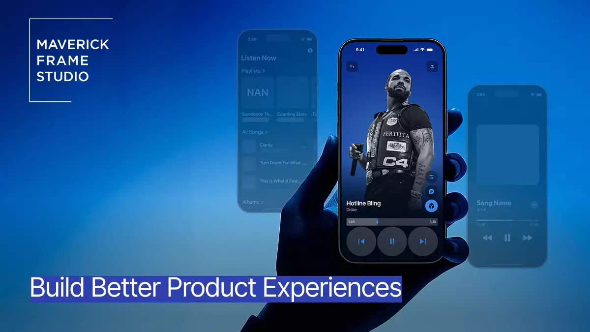 Visuel UI/UX design avec une application de lecture musicale sur un smartphone tenu en main et un texte sur l'expérience produit sur fond bleu