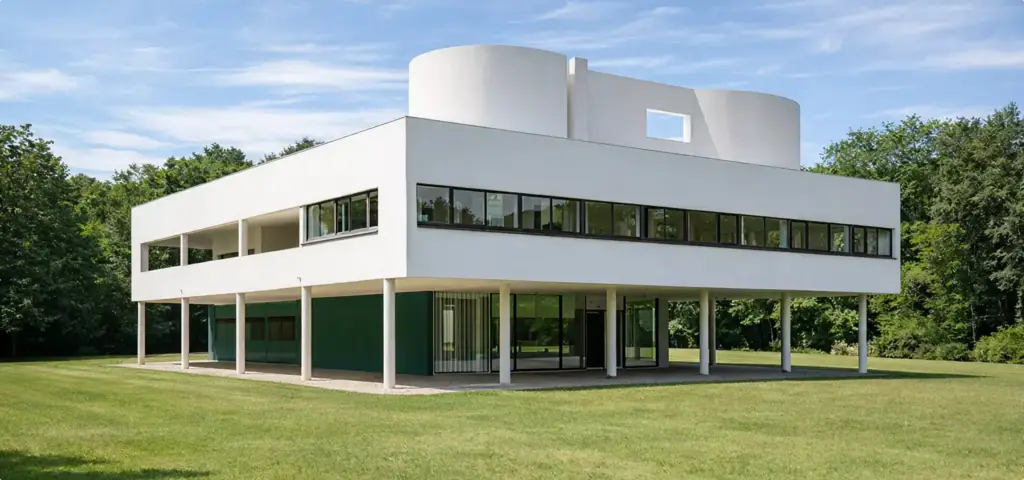 Villa Savoye a Poissy vista dal prato: volume bianco sollevato su pilastri sottili, finestra a nastro continua su tutto il prospetto e muri curvi del solarium sul tetto