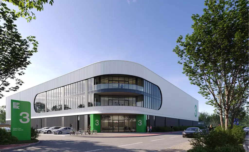Rendering 3D di magazzini con facciata curva in vetro, auto parcheggiate, alberi e persone all'ingresso