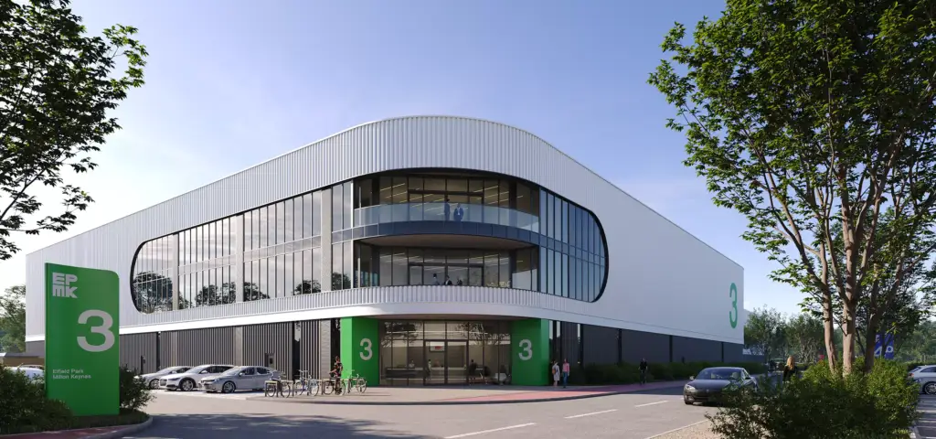 3D-render van een modern magazijnexterieur met grote ramen, auto's en groen langs de straat