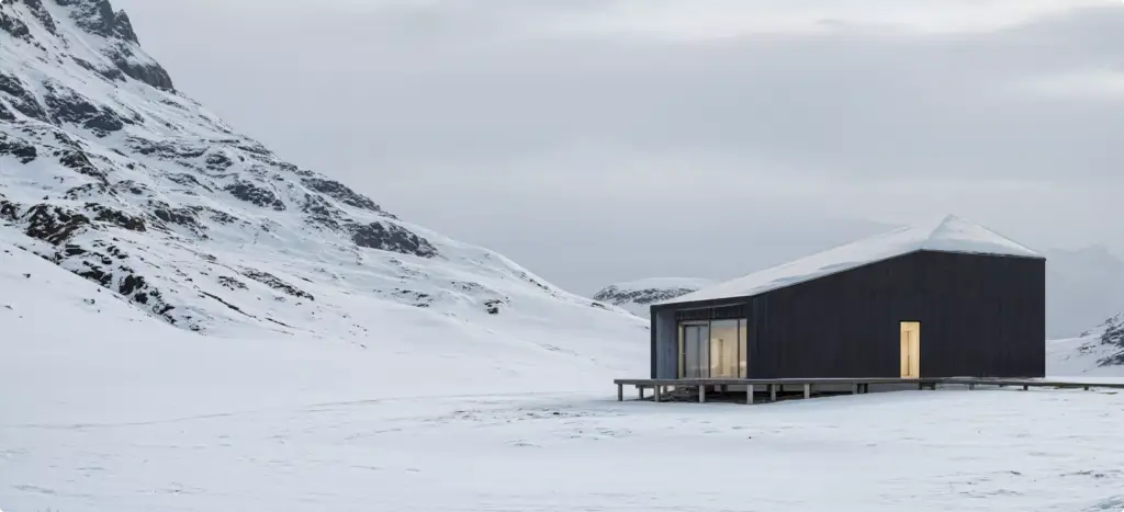 Winterbeeld van een donkere berghut op een besneeuwde bergvlakte met verlichte ramen en bewolkte lucht
