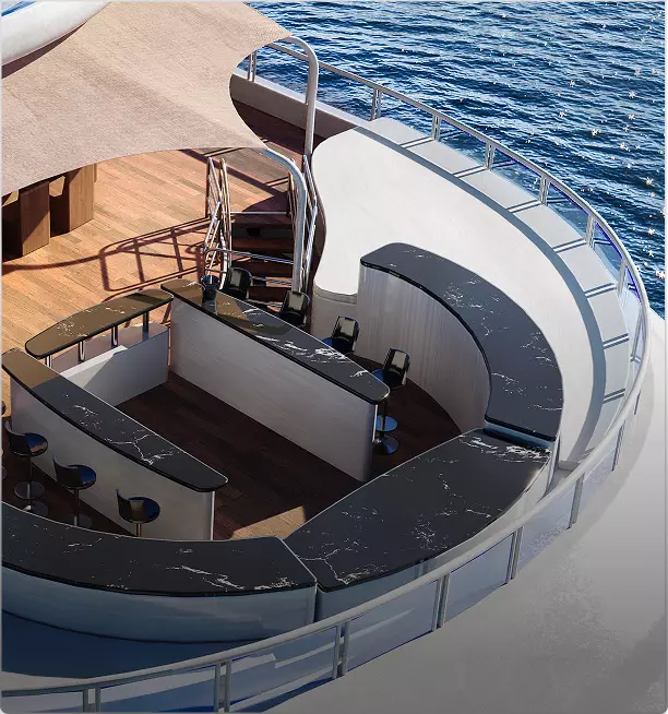 Rendering einer Yacht-Bar auf dem Deck mit geschwungenem Tresen, Barhockern und Blick auf die offene See