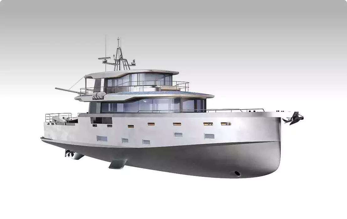 Yacht-Visualisierung: Seitenansicht einer modernen weißen Expeditionsyacht mit grauem Rumpf vor weißem Hintergrund
