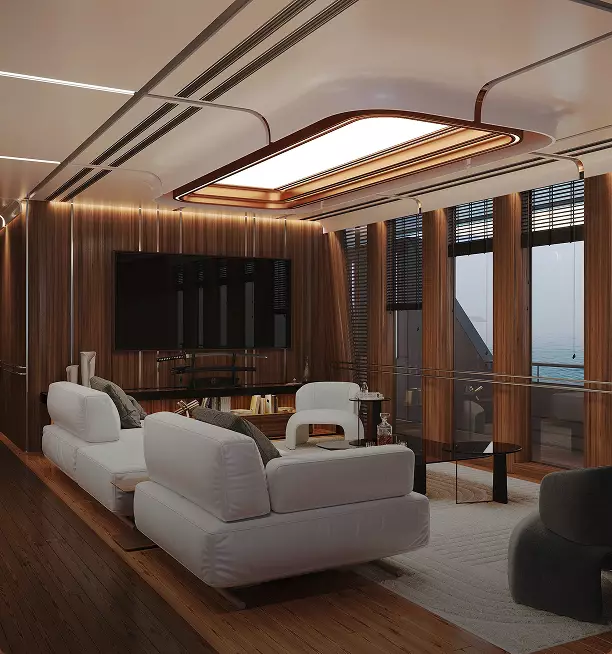 Rendering eines Yacht-Wohnraums mit Sofas, Holzpaneelen, großem Bildschirm und Deckenbeleuchtung