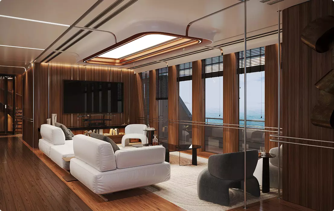 Yacht-Visualisierung einer luxuriösen Lounge mit weißen Sofas, Holzwänden, großen Fenstern, TV und Meerblick