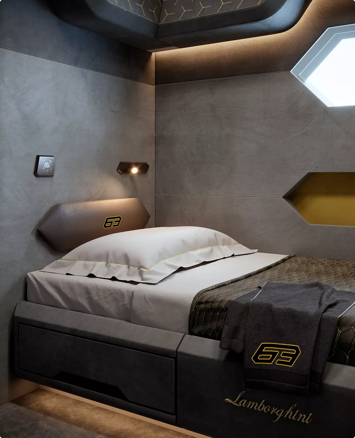 Schlafkabine im Yacht-Rendering-Portfolio mit dunklen Paneelen, individueller Beleuchtung und modernem Bett