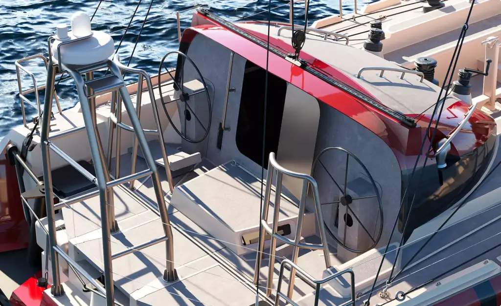 Cockpitdetail einer Segelyacht im Yacht-Rendering-Portfolio mit zwei Steuerrädern