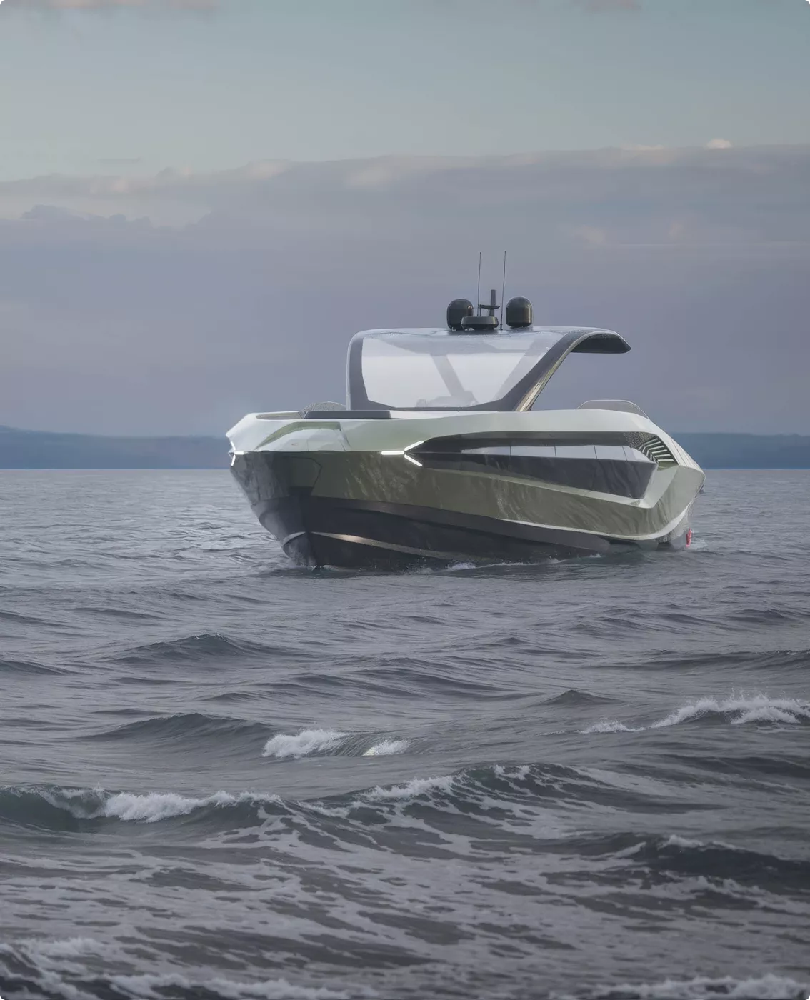 Futuristisches Speedboat im Yacht-Rendering-Portfolio auf ruhiger See unter bewölktem Himmel