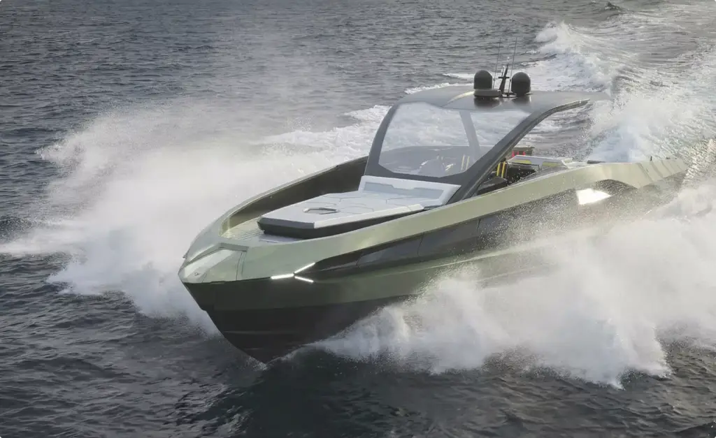 Schnelle Yacht im Yacht-Rendering-Portfolio mit Gischt auf offenem Wasser