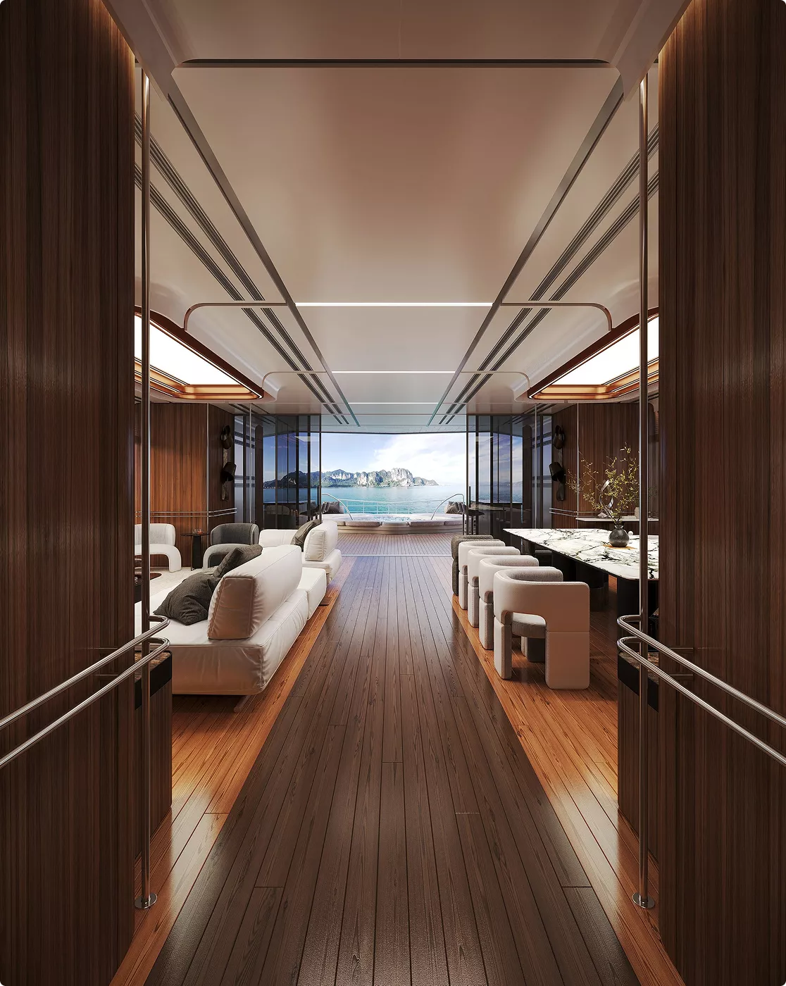 Luxuriöses Yacht-Interieur im Yacht-Rendering-Portfolio mit Holzoberflächen und Meerblick