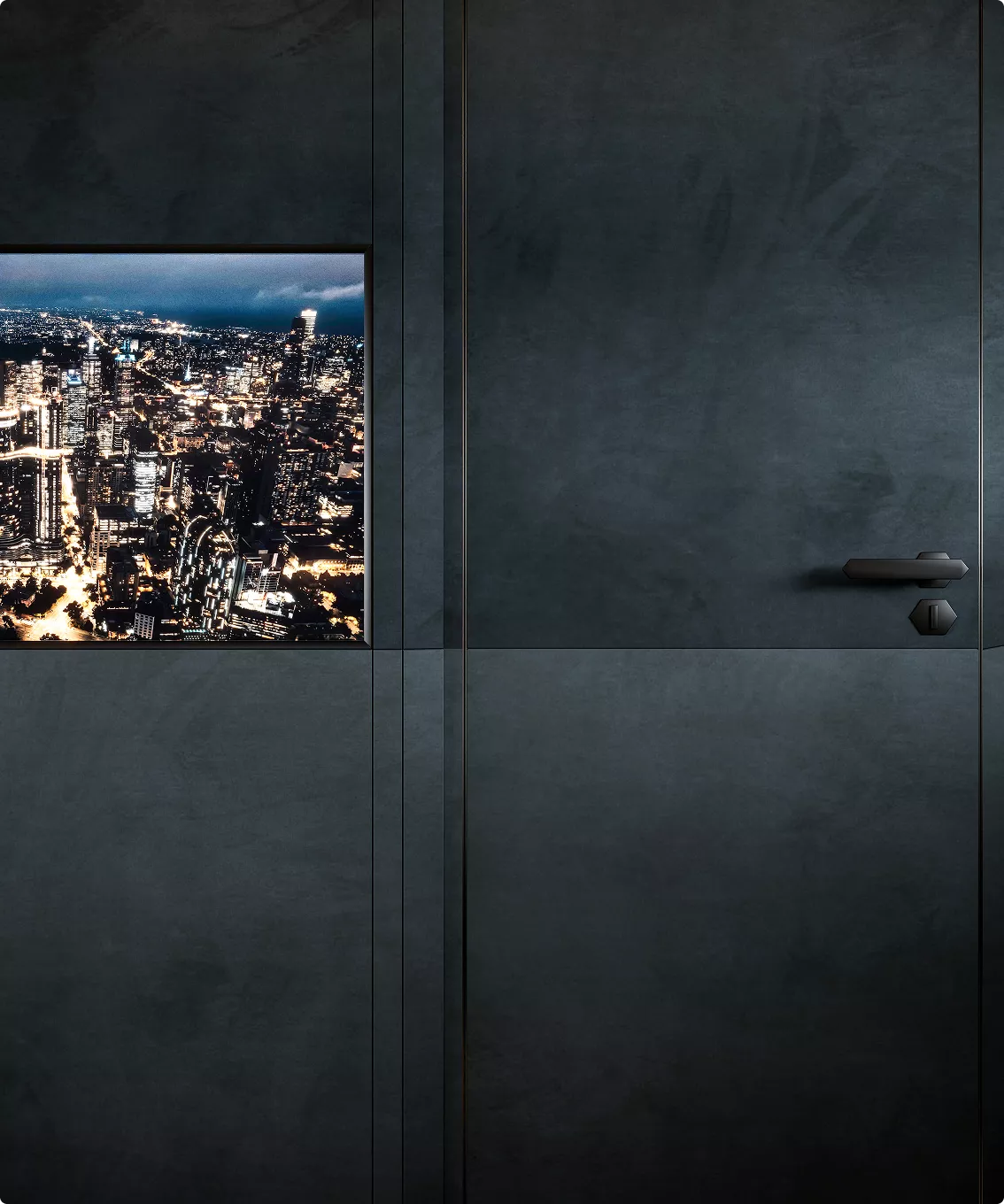 Gang im Yacht-Rendering-Portfolio mit dunklen Wandpaneelen und beleuchtetem Stadtansicht-Display