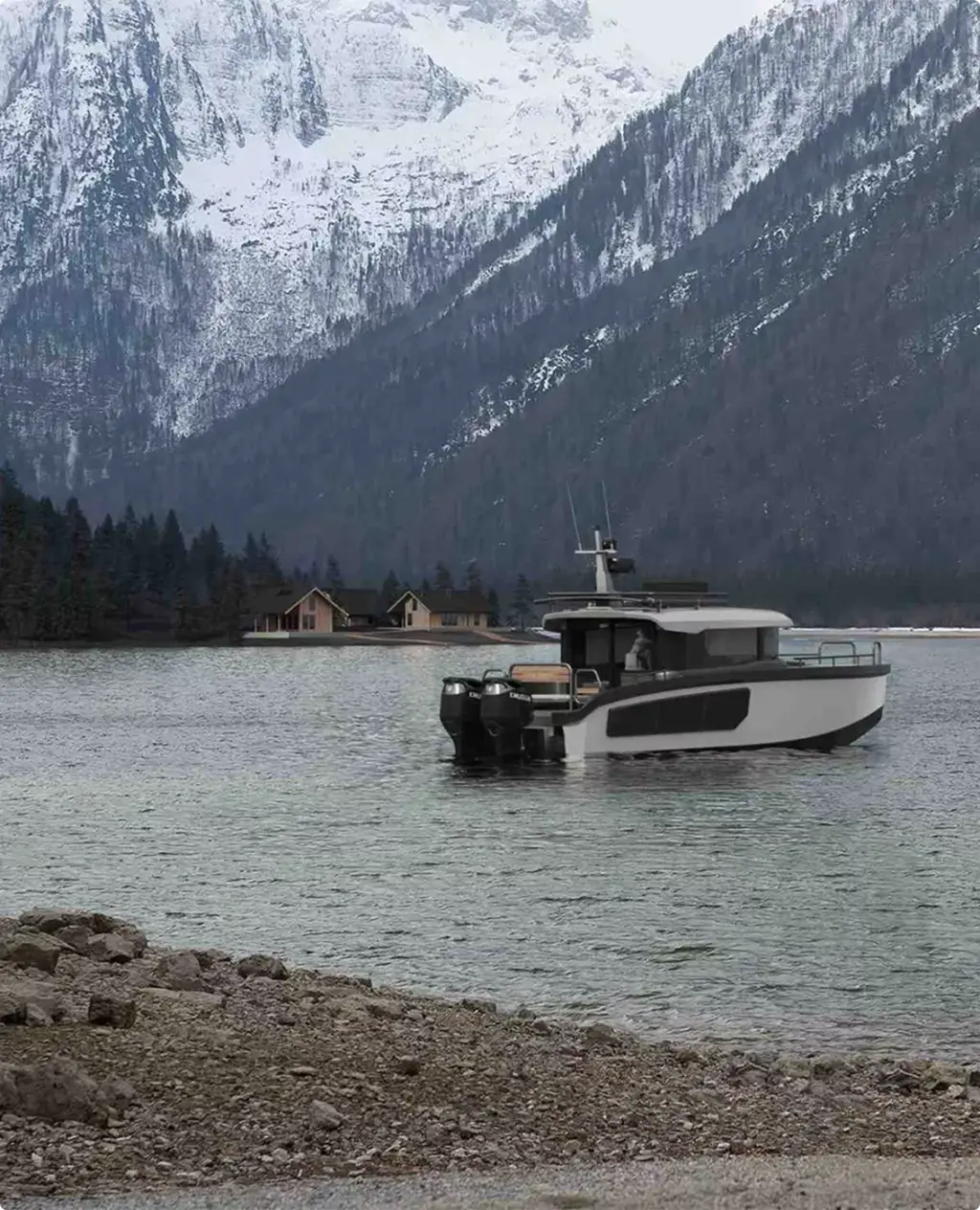 Iate de expedição em um lago de montanha cercado por picos nevados