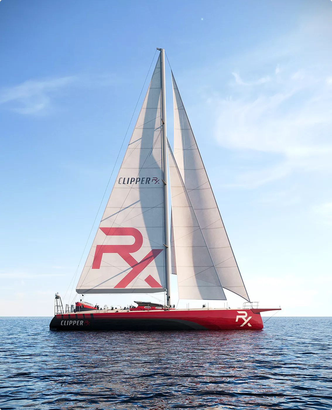 Rote Segelyacht im Yacht-Rendering-Portfolio mit großen weißen Segeln auf offenem Wasser