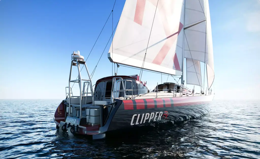 Heckansicht einer Segelyacht im Yacht-Rendering-Portfolio mit RX-Branding auf ruhiger See