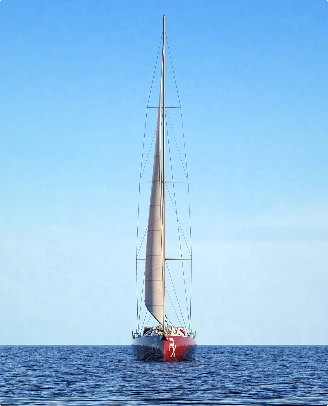 Frontansicht einer Segelyacht im Yacht-Rendering-Portfolio mit hohem Mast und ruhiger See