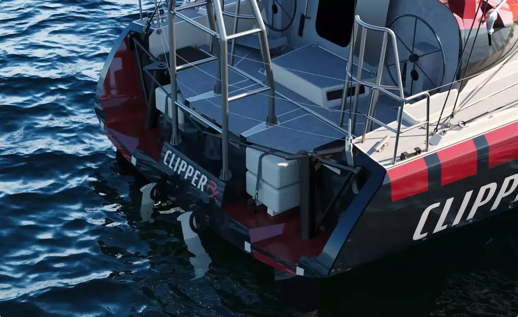 Heckdetail einer Segelyacht im Yacht-Rendering-Portfolio mit Decksbeschlägen über dem Wasser