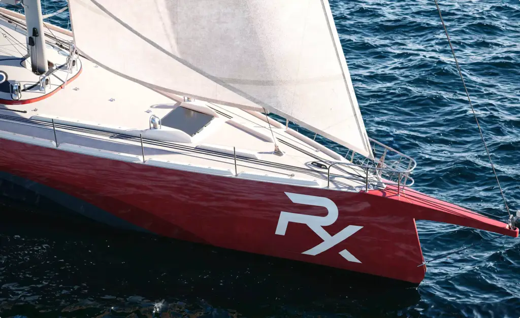 Bugdetail einer Segelyacht im Yacht-Rendering-Portfolio mit rotem Rumpf und weißem Segel