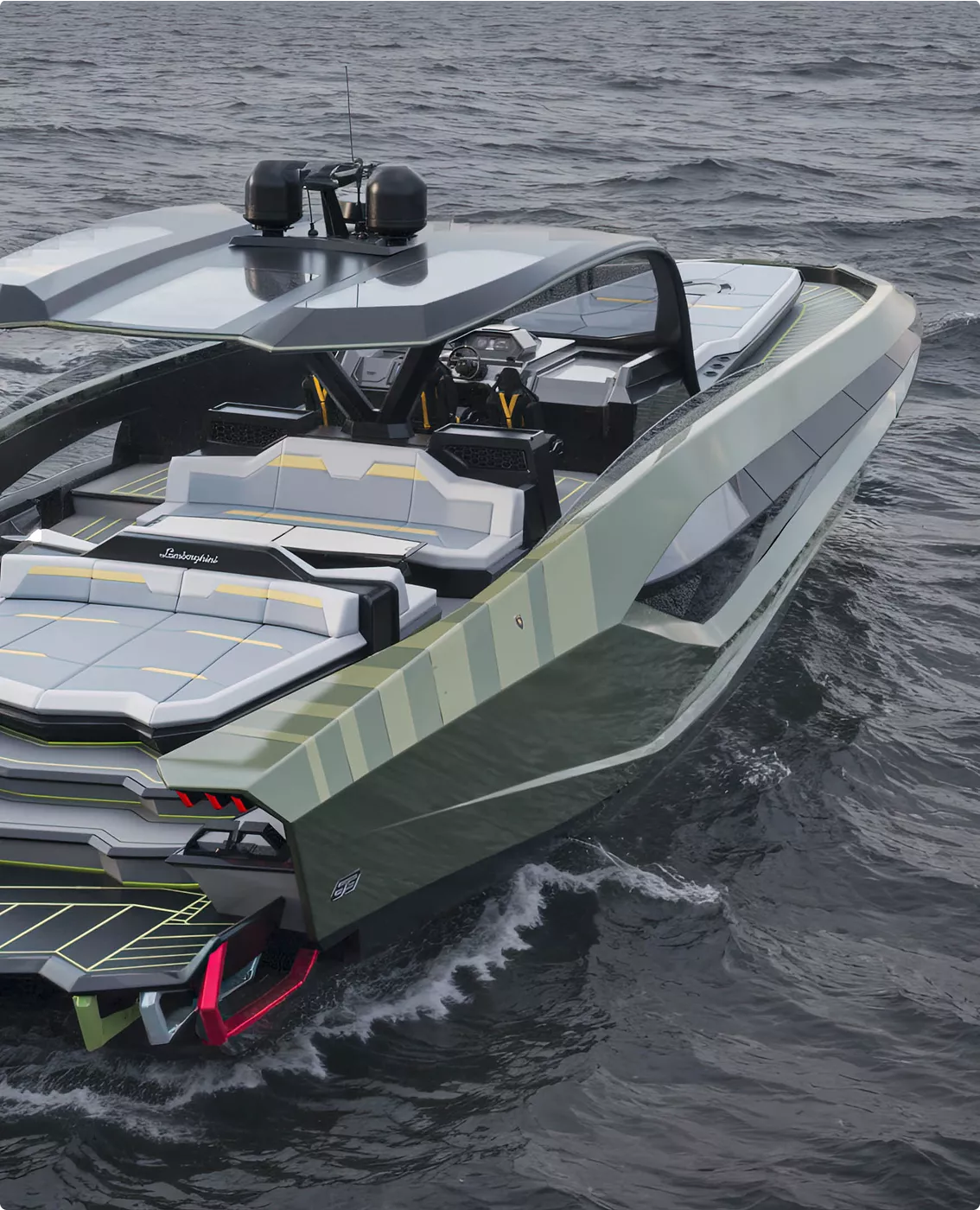 Deck eines Luxus-Speedboats im Yacht-Rendering-Portfolio mit kantiger Sitzgruppe und Sonnendach