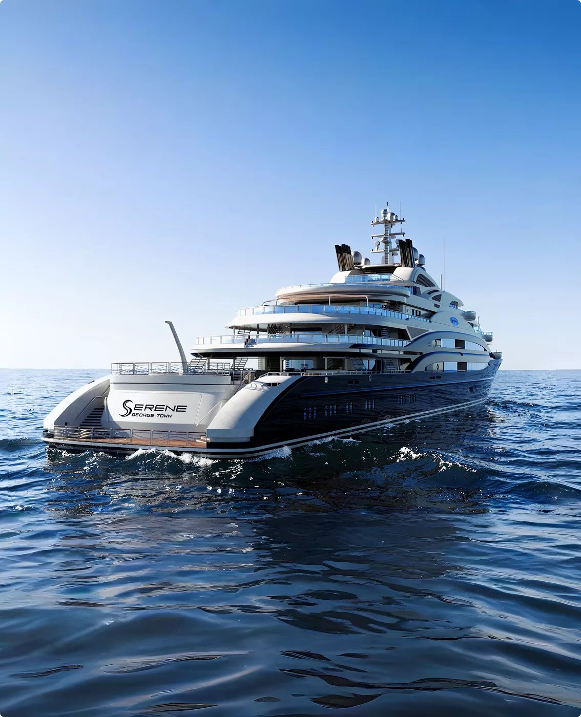 Heckansicht einer Luxus-Superyacht im Yacht-Rendering-Portfolio auf ruhiger offener See