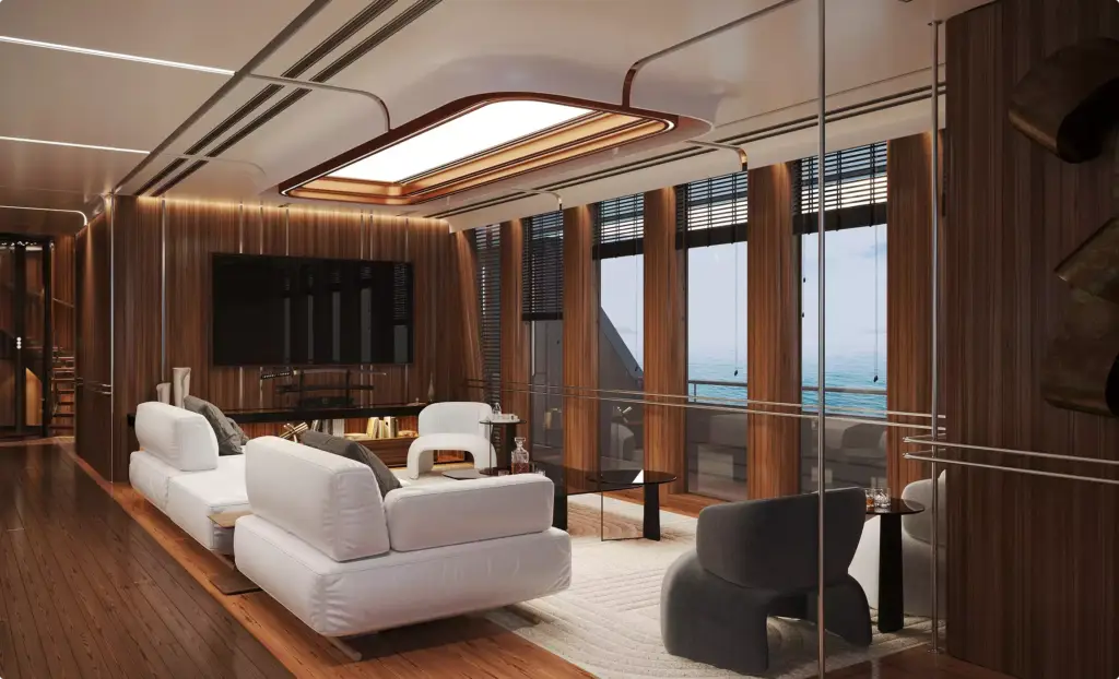 Luxuriöse Yacht-Lounge im Yacht-Rendering-Portfolio mit Holzwänden und moderner Sitzgruppe